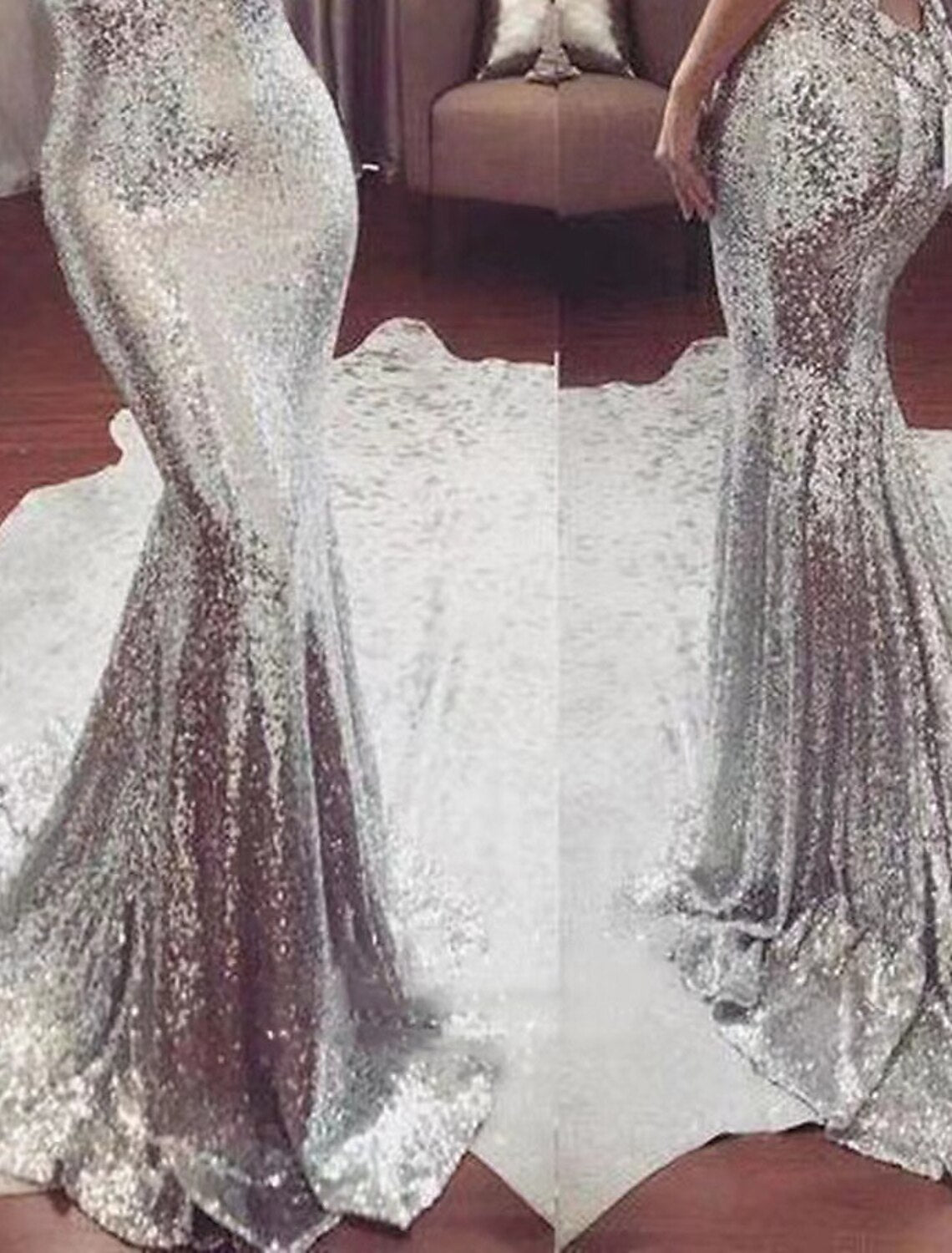 Mermaid / Trumpet Evening Gown Sparkle & Shine Dress Formal Wedding Guest Chapel Train Sleeveless V Neck Sequined with Sequin